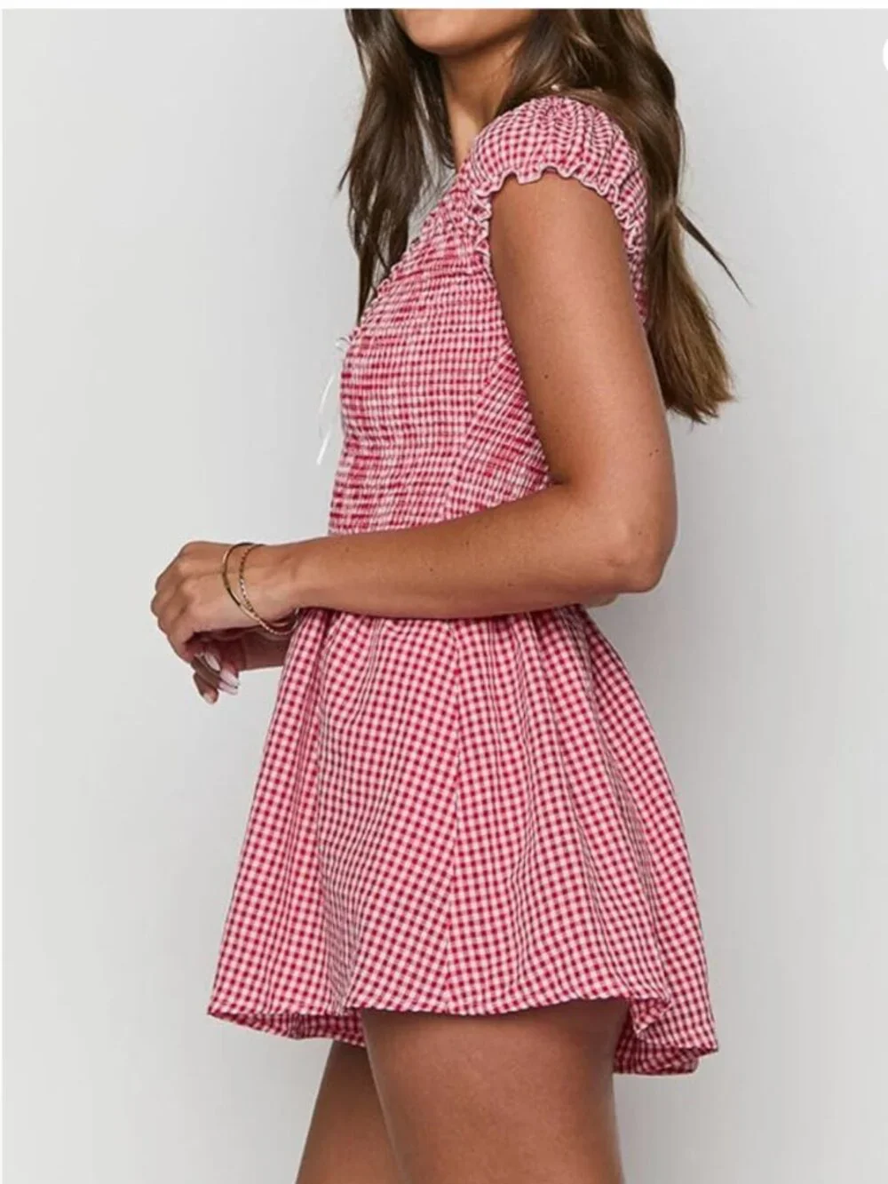 Womens Summer Gingham V Neck Puff Sleeve Smocked Wide Leg Romper Red Small - Picture 6 of 6